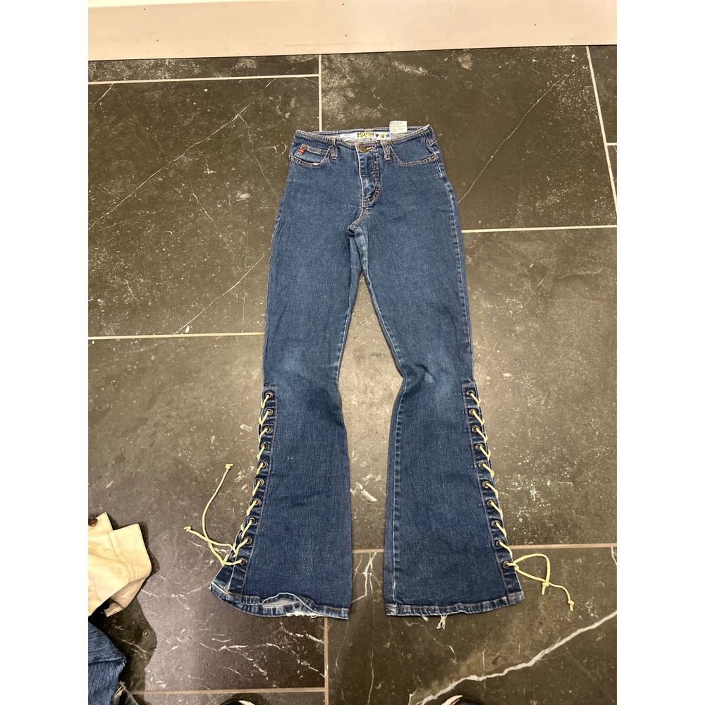 Mudd Vintage Y2K Flare Jeans Blue Lace Up Side Medium Wash Denim Womens 0 4H0193
